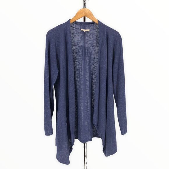 Eileen Fisher Blue Linen Cotton Open Waterfall Long Sleeve Knit Cardigan size PL - Picture 1 of 10